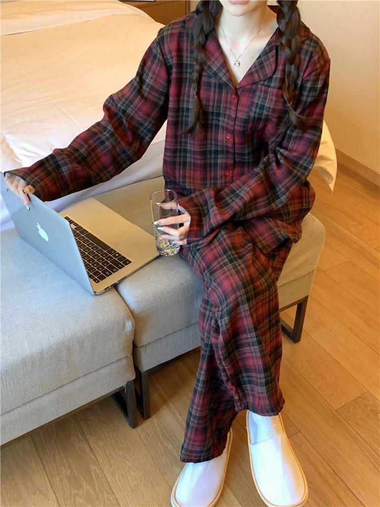 Пижамный комплект в красную клетку в корейском стиле: Удобная, Повседневная Домашняя Одежда для Пар