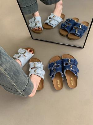 Модная плоская обувь женские домашние тапочки платформа роскошные шлепанцы слиперы женские дизайнерские летние мягкие джинсовые 2025 ткань повседневные досуг