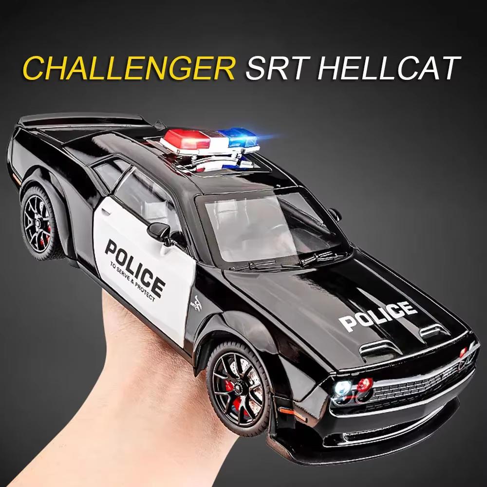 New 1:24 Police Car Hellcat Model Toy Rubber Tire Miniature Sound and Light Pull Back Light Music Vehicle Boy Collection Ornaments Adult Gift