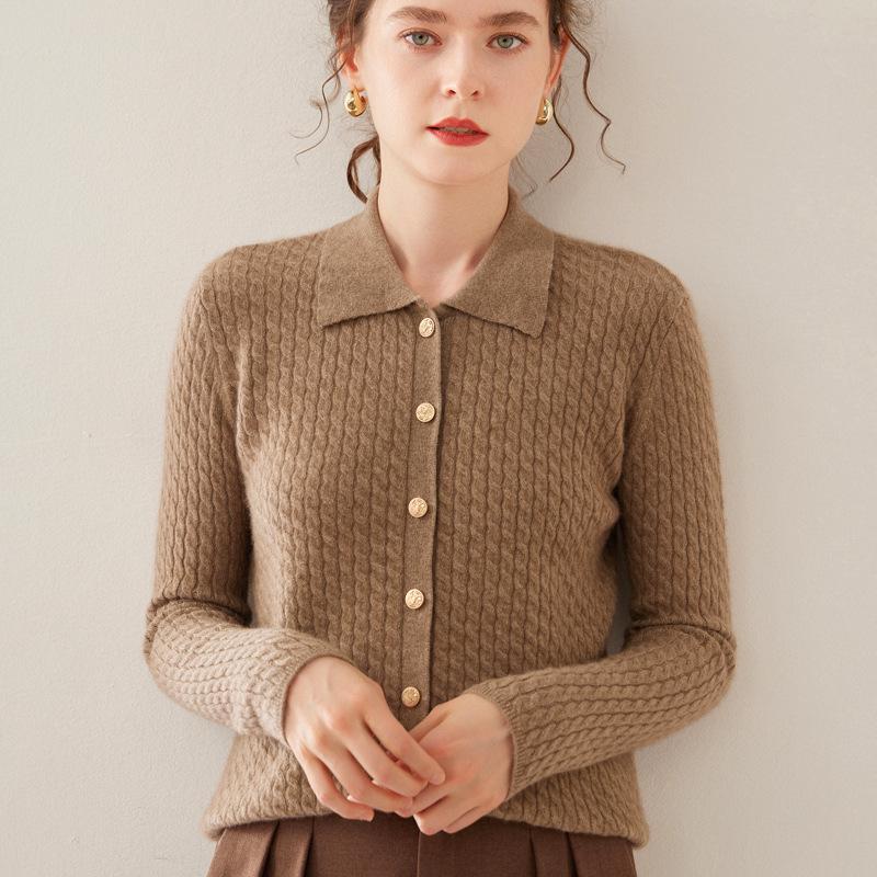 Women's Twist Pattern Polo Collar Wool Cardigan - Autumn/Winter Slim Fit Cashmere Knit Sweater