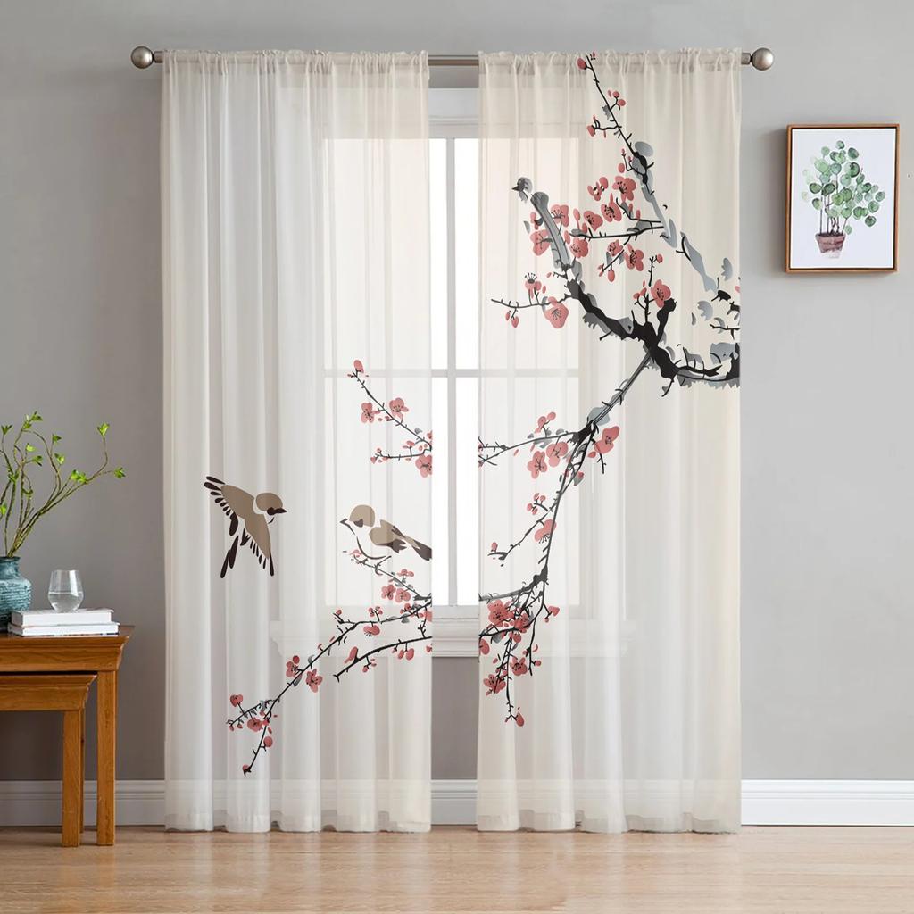 Ink Plum Blossom Flower Plant Tulle Sheer Curtains for Living Room Decoration Window Curtain for Bedroom Voile Organza Drapes