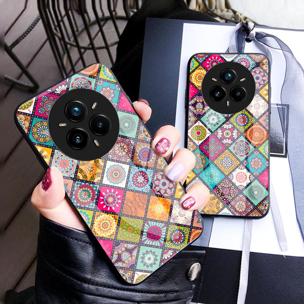 Чехол для Realme 14 Pro+ 5G с подставкой, этническим узором, из закаленного стекла, чехол для телефона со шнурком