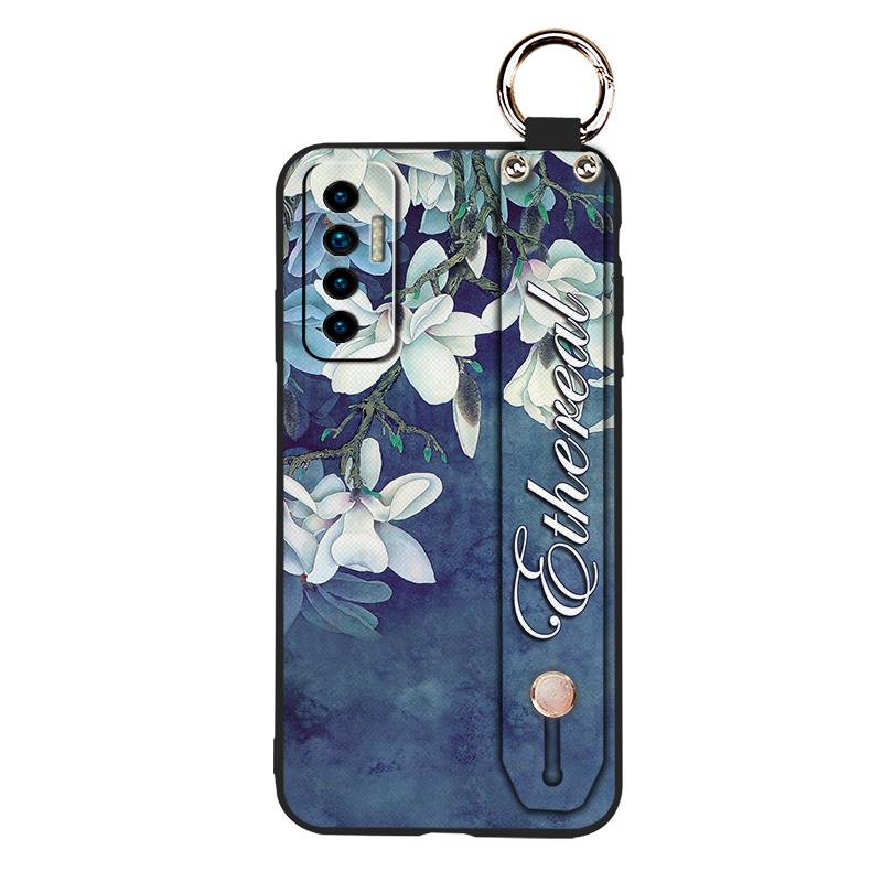 Soft Case Silicone Phone Case For Tecno Camon17P Dirt-resistant Flower Durable Wrist Strap Wristband Lanyard Ring