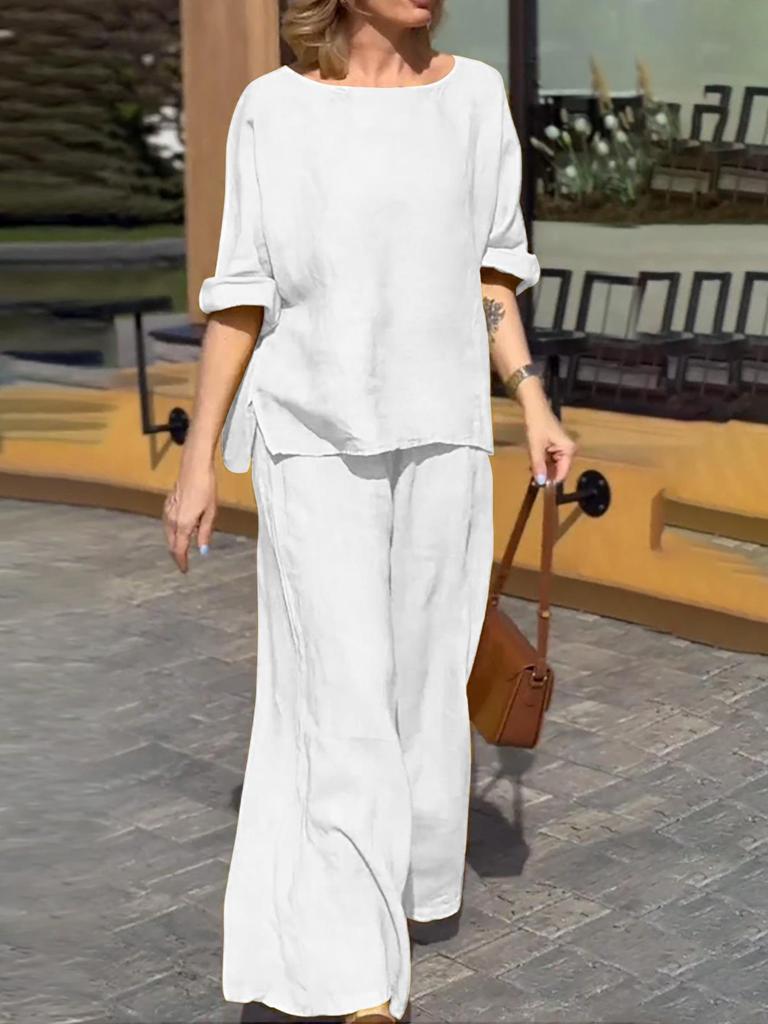 2024 Women's Summer Cotton & Linen Solid Color Casual Suit with Loose Trousers