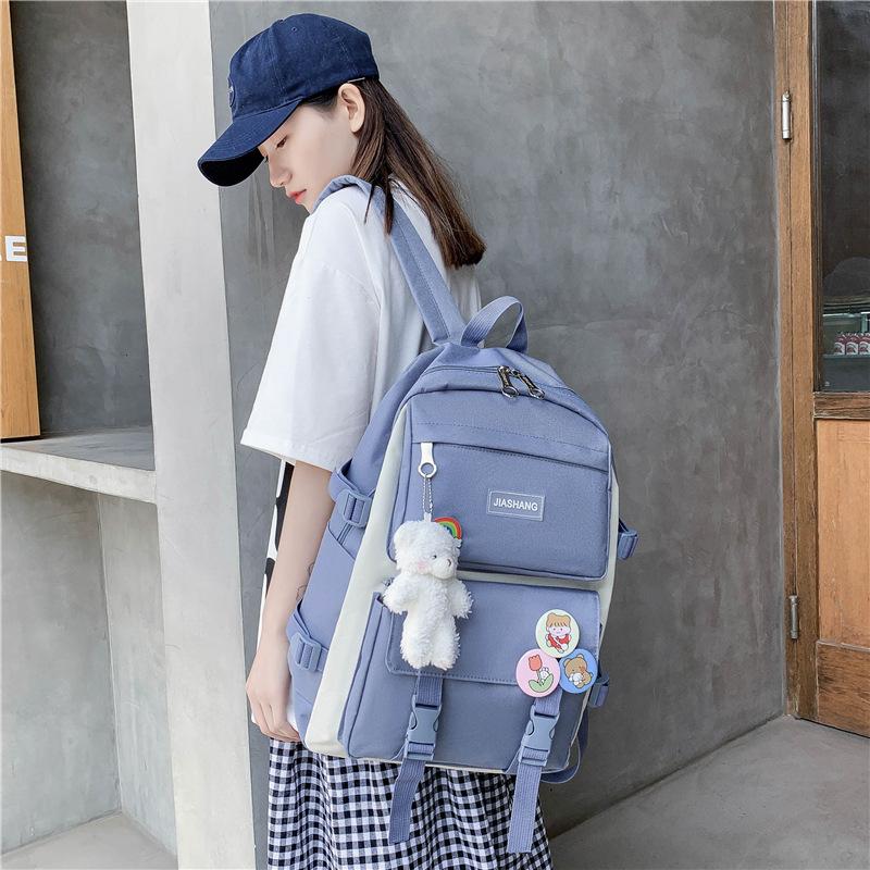 4pcs Primary School Backpack Secondary School Backpack Men's Women's 4-piece Set Solid Color Large Capacity Waterproof Casual Fashionable Backpack