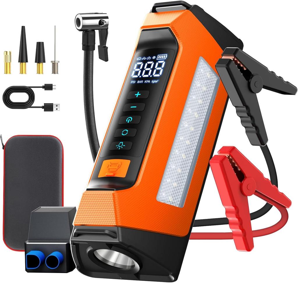 Car Jump Starter with Air Compressor, 800 Lumen LED Light and 180PSI Portable Battery Jump Box,12V Auto Tire Inflator Jumper Starter Combo LCD Display