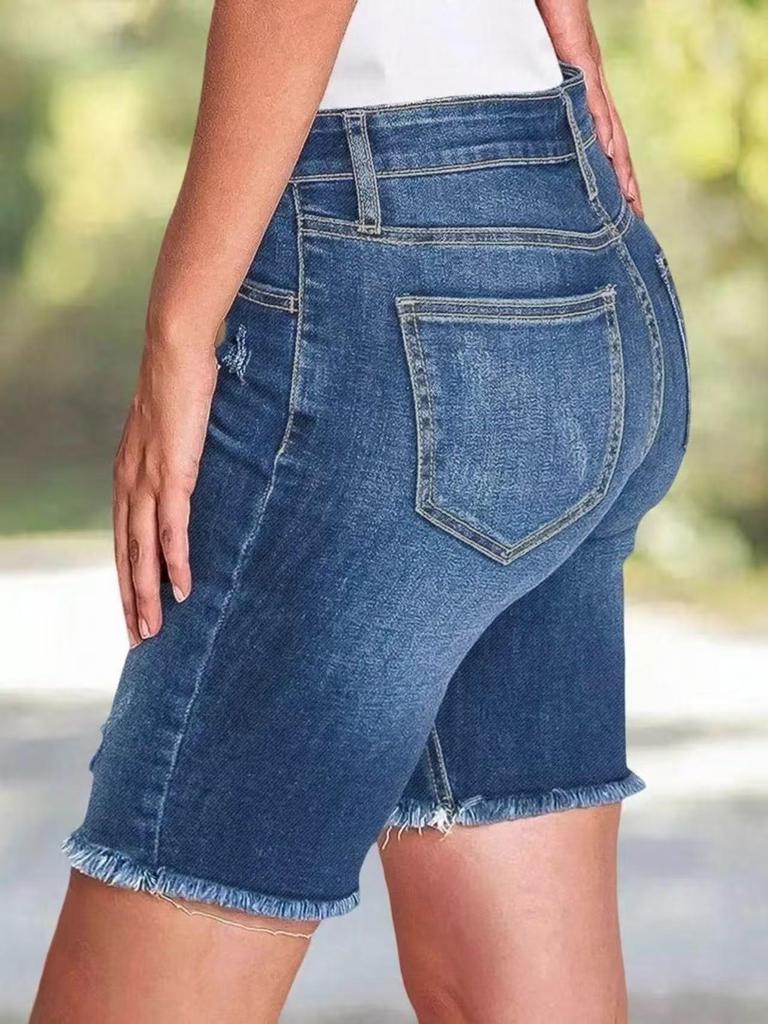 Women's Ripped Skinny Denim Shorts - Stylish Washed Denim, Perfect Fit