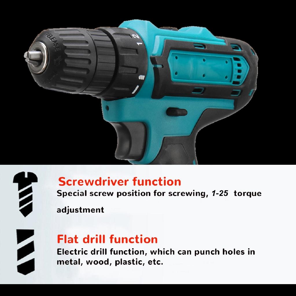Brushless Cordless Electric Drill Screwdriver Set Double Speed 18+1Torque LED Lighting Rechargeable 1/2PCS Battery