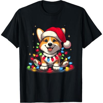 Корги Санта Рождественские огни Елка Мальчики Мужчины Corgmas Собака Футболка