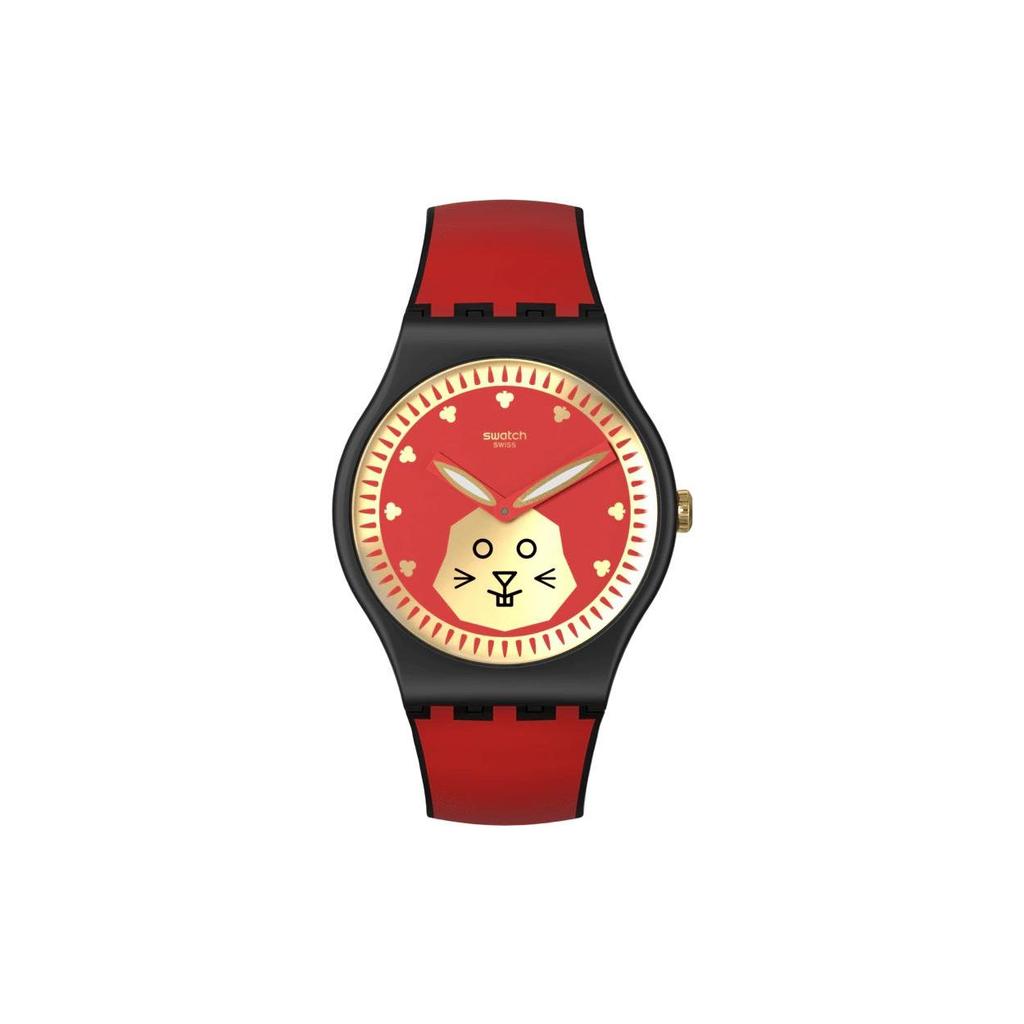 Swatch Кварцевые часы 30 метров водонепроницаемые 41 мм Красный циферблат Керамический корпус с растительным узором Силиконовый ремешок Унисекс часы SO32Z107