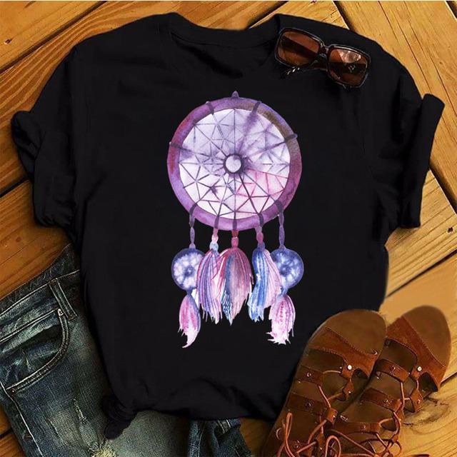 Harajuku женская футболка с принтом в виде перьев и цветов, женская новая черная футболка, женские милые графические футболки, женские повседневные топы, футболка