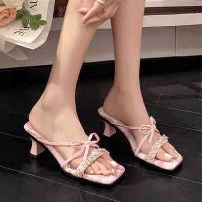 Красивые квадратные туфли-бантики, хрустальный квадратный каблук, шлепанцы со стразами, летняя новинка, носить с сандалиями