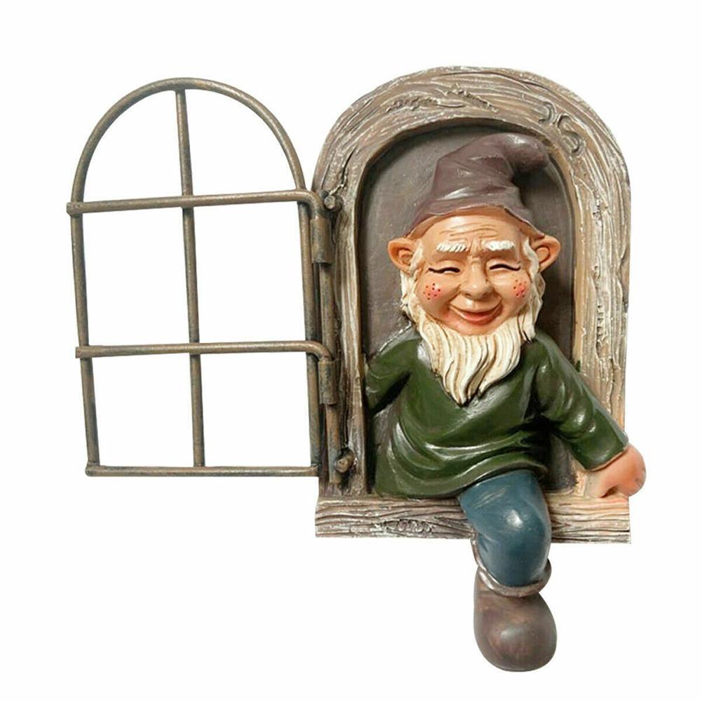 3D Garden Gnome Tree Statue, Resin Gnome Figurine Climbing Out of Tree Window, Tree Hugger Yard Art Decor
