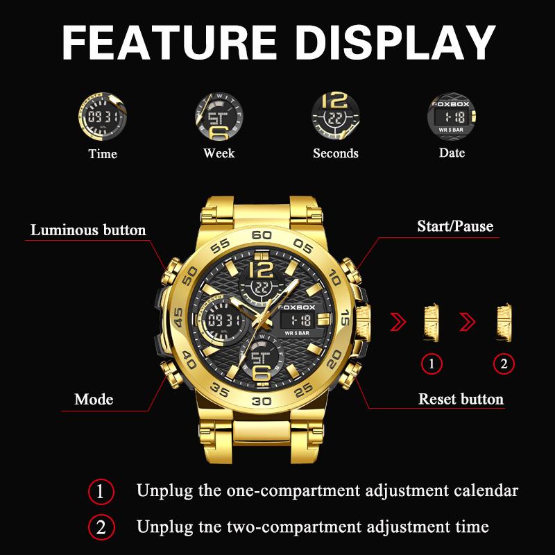 LIGE Men's Sports Watch 5ATM Waterproof Luminous Digital Dual Display Quartz Watch Fashion Chronograph
