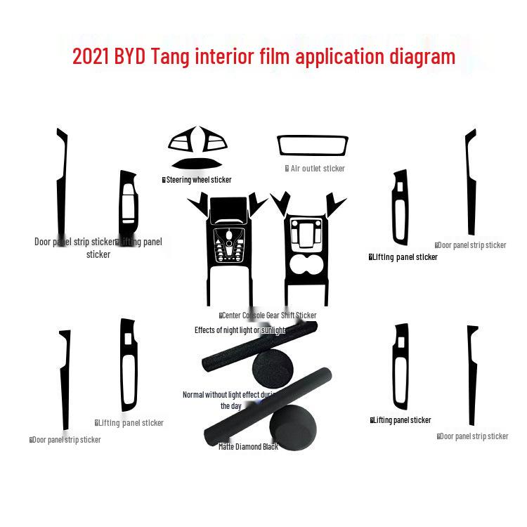 2021 BYD Tang Carbon Fiber Interior Stickers for Console, Gear Lever, and Door Protection.