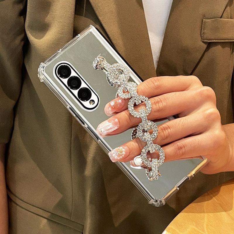 Зеркало для макияжа подходит для чехла мобильного телефона Samsung ZFold7 складного Zfold6/5 цепочка со стразами четыре угла противоударная защитная крышка