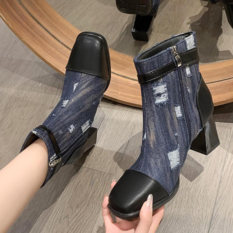 2024 Высококачественная женская обувь Женские ботинки на молнии Осенние квадратные носки Разноцветные голые ботинки Средний каблук Zapatillas De Mujer