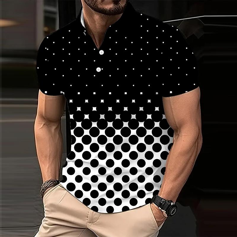 Men Summer New Short Sleeve Casual Slim Fit 3D Digital Print Polo Shirt .