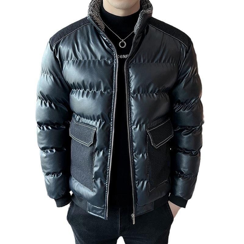 Мужское пальто с хлопковой подкладкой, зимнее, новое, корейский стиль, модная, молодежная, повседневная, утолщенная, большого размера, с воротником-стойкой, кожаная куртка с хлопковой подкладкой