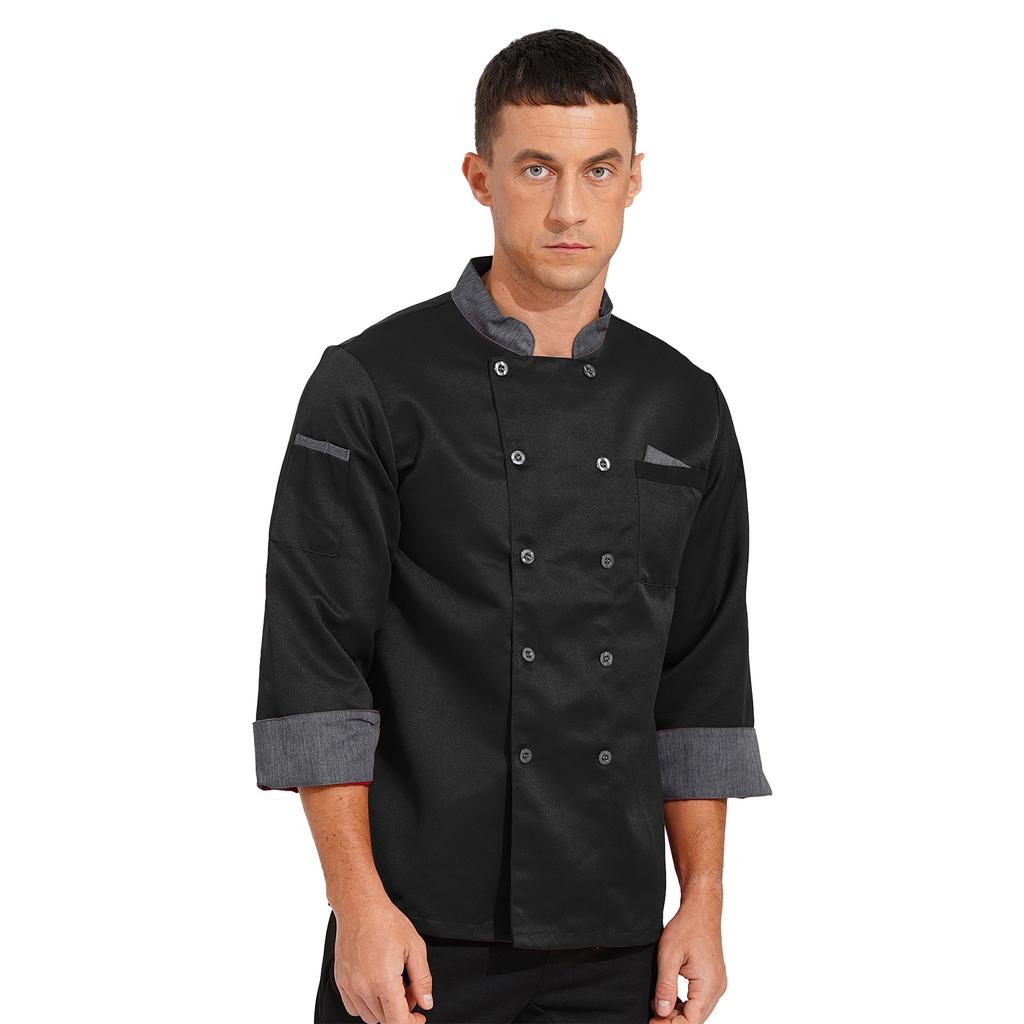 Unisex Double Breasted Chef Coat Long Sleeve Stand Collar Contrast Trim Cook Jacket for Restaurant Hotel Kitchen Staff