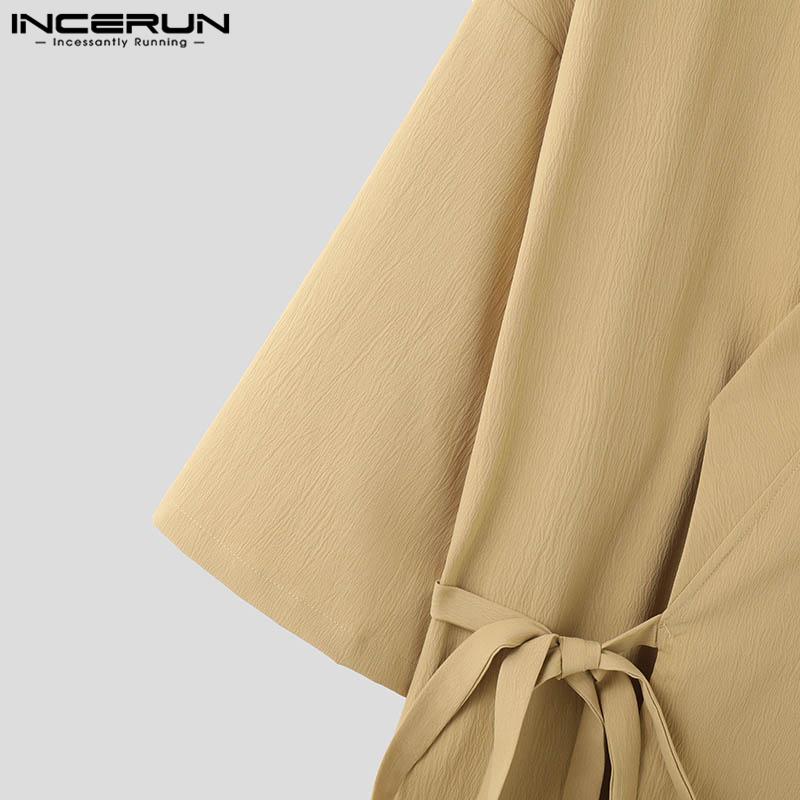 INCERUN Мужские топы с рукавами 3/4, свободные повседневные рубашки-кимоно со шнуровкой спереди