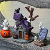 Halloween Resin Ornament Creepy Haunted House Tomb Tree Demon Root Tombstone Statue with LED Light Cartoon Pumpkin Ghost Figurine Ornament