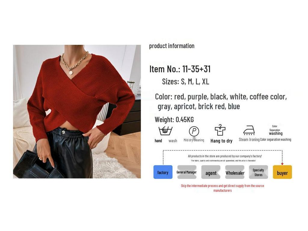 2025 Европейский и американский осенне-зимний кроп-топ с V-образным вырезом и перекрестной завязкой, пуловер, свитер, кардиган