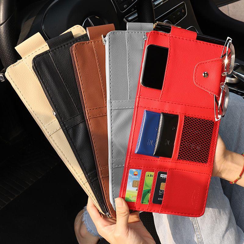 Car Glasses Storage PU Leather Multi-Function Sun Visor Point Organizer Storage Pocket Auto Sunglasses Holder Cards Organizer