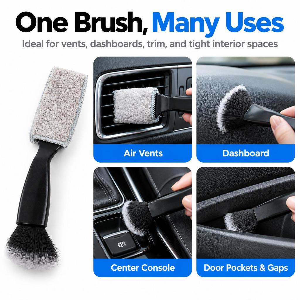 2-in-1 Car Interior Cleaning Brush with Soft Bristles and Microfiber Head