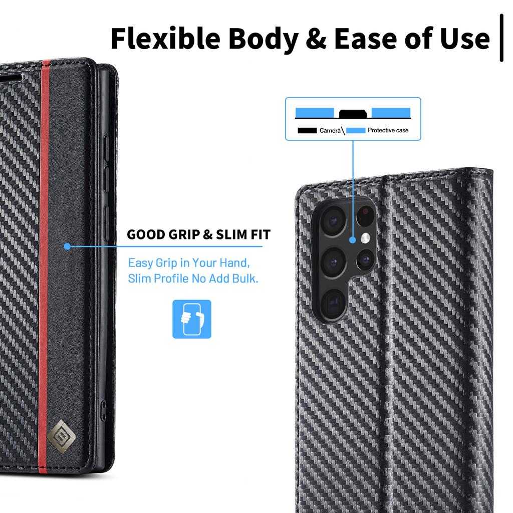 Кожаный чехол из углеродного волокна для Samsung Galaxy S26 S25 S24 S23 Ultra S22 S21 S20 FE S10 Plus Note 20 + Бизнес-кошелек, кардхолдер