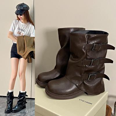 Модные женские ботильоны Весна и Осень 2025, украшенные ремешком с пряжкой, ботинки до середины голени