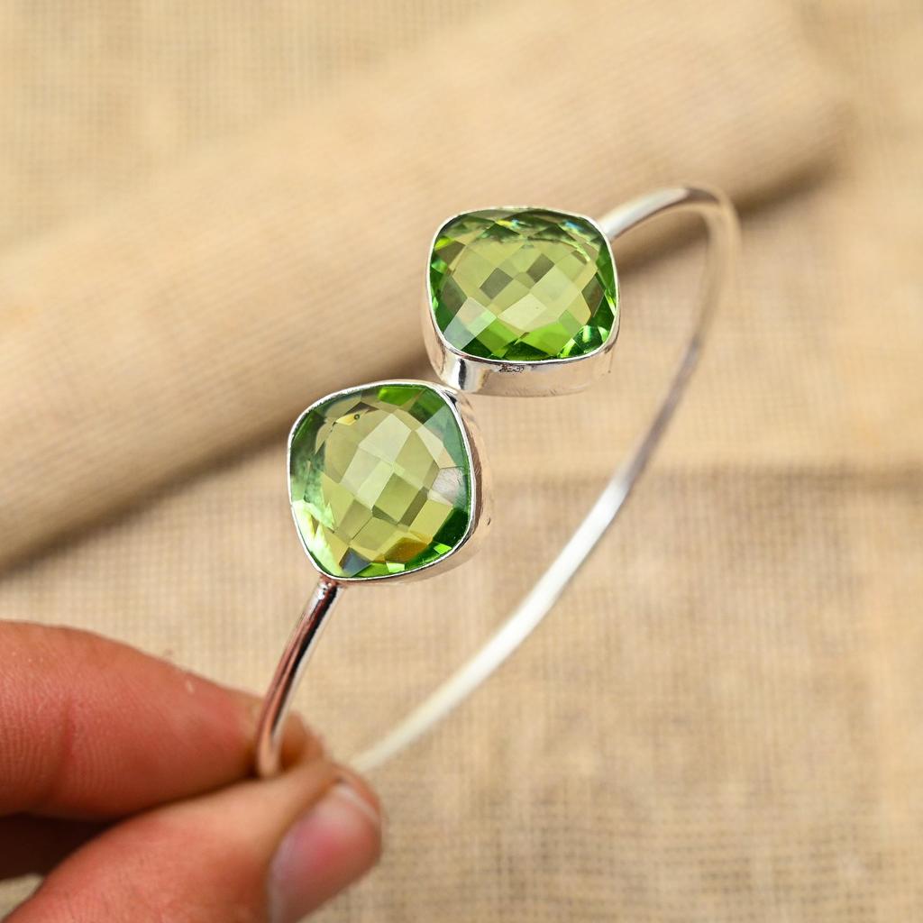 Lovely Green Amethyst Gemstone Handmade Jewelry 925 Sterling Silver Cuff Bangle For Women