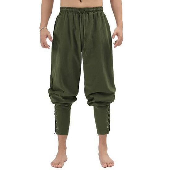 Men Pants Medieval Vikings Pirate Ankle-banded Strap Elastic Loose Waist Pleated Lace-up Solid Color Cropped Trousers Cosplay Performance Costume