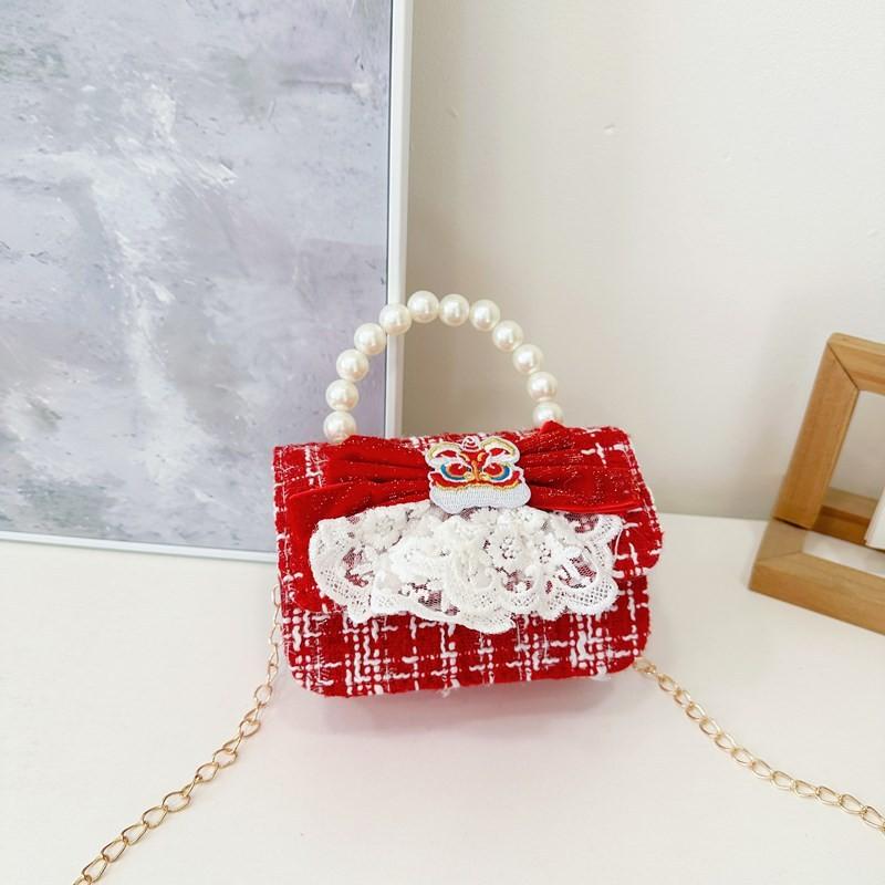 Red Delightful Cute Bowknot Childrens Handbag With Trendy Chain And Pearl Handle