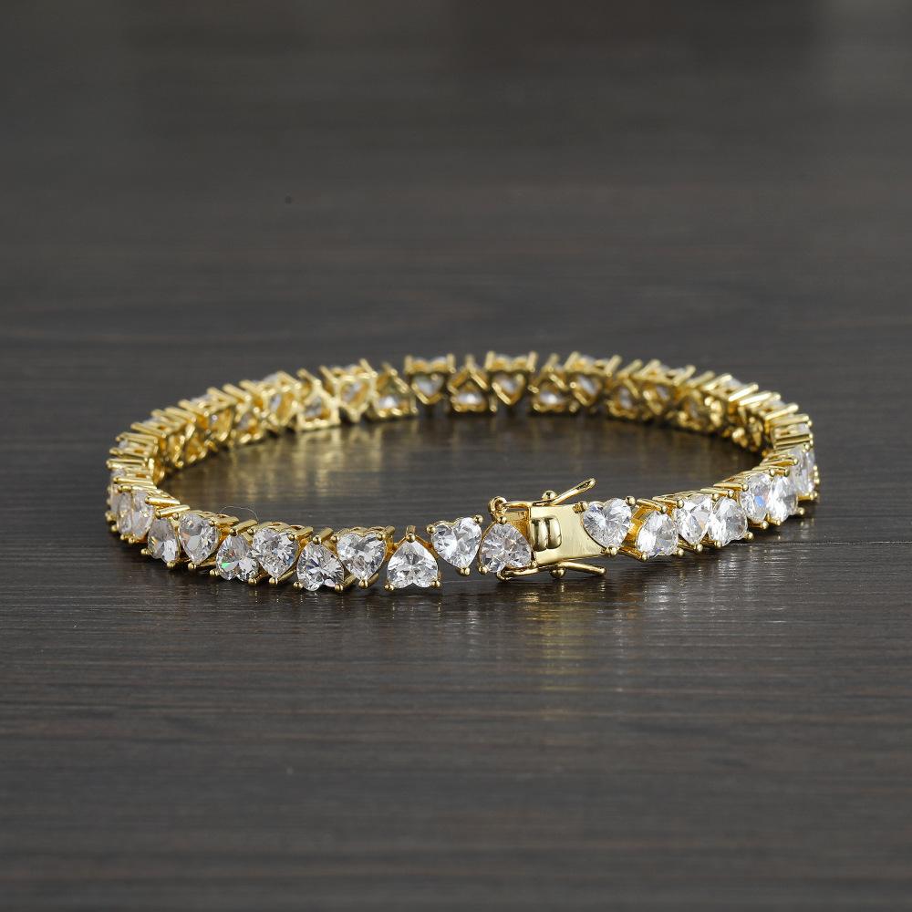 Europe, America, positive and negative heart-shaped women's copper inlaid zircon bracelet, three-claw love zircon tennis bracelet for women