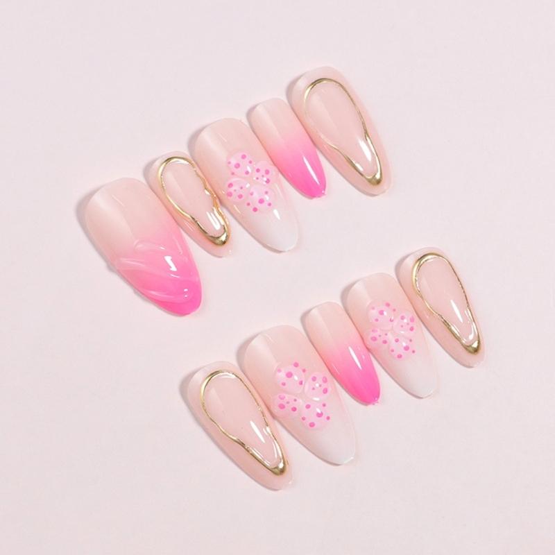 24Pcs False Almond Short False Nail Full Cover Stick on Nail French Tips Design Glossy Press On Nail for Women Girls