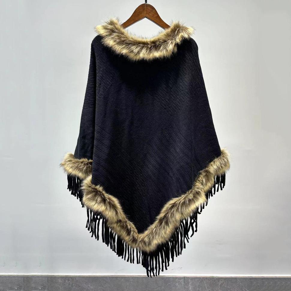 Элегантное вязаное классическое кейп с кисточками и меховым воротником - женское с застежкой спереди, новое теплое модное шаль для свадебной вечеринки и вечернего платья на осень и зиму