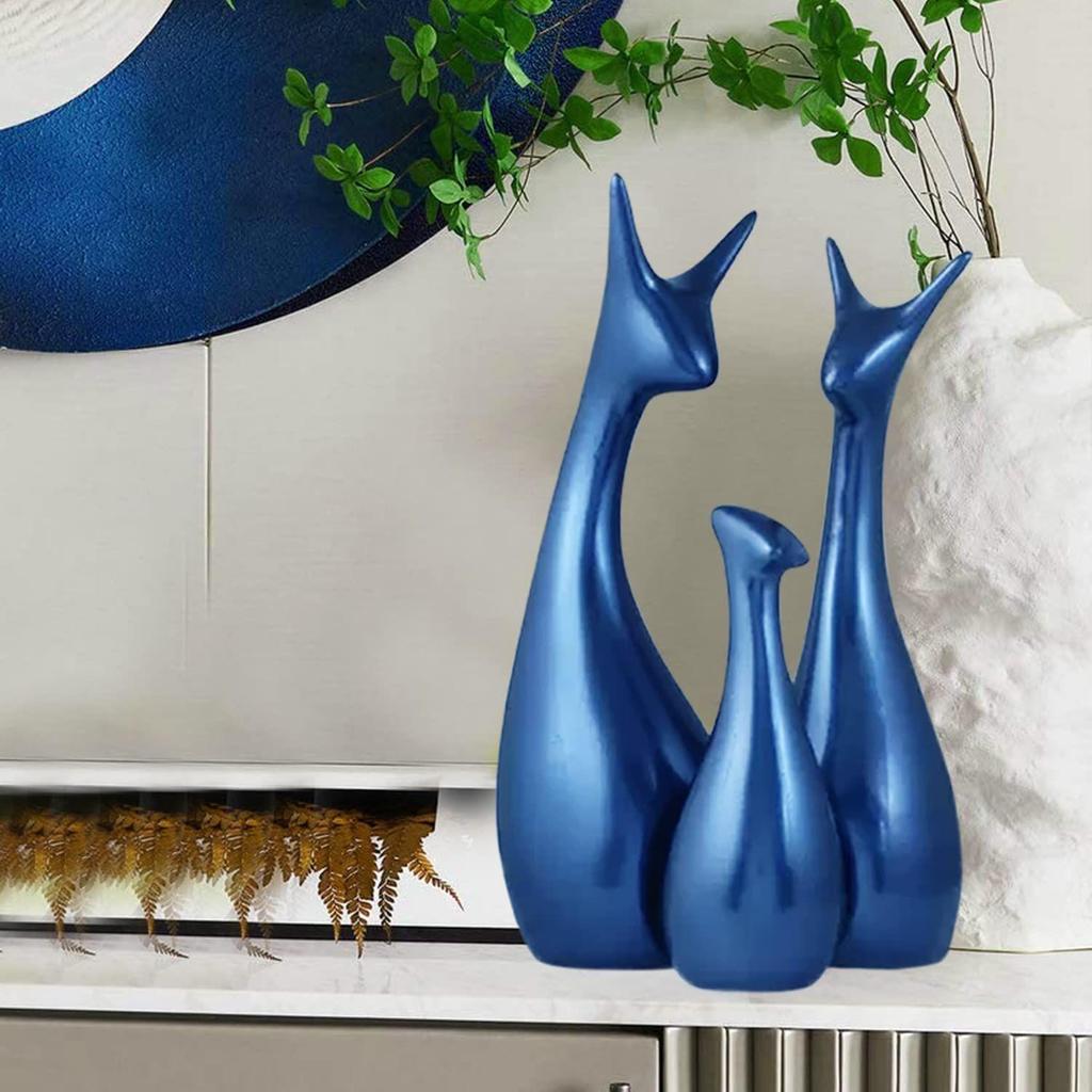 Керамическая фигурка Lucky Deer Family Home Decor цвета матового металлика приглушенного синего цвета | Впервые выпущена в Индии - (Набор из 3 шт., синий)