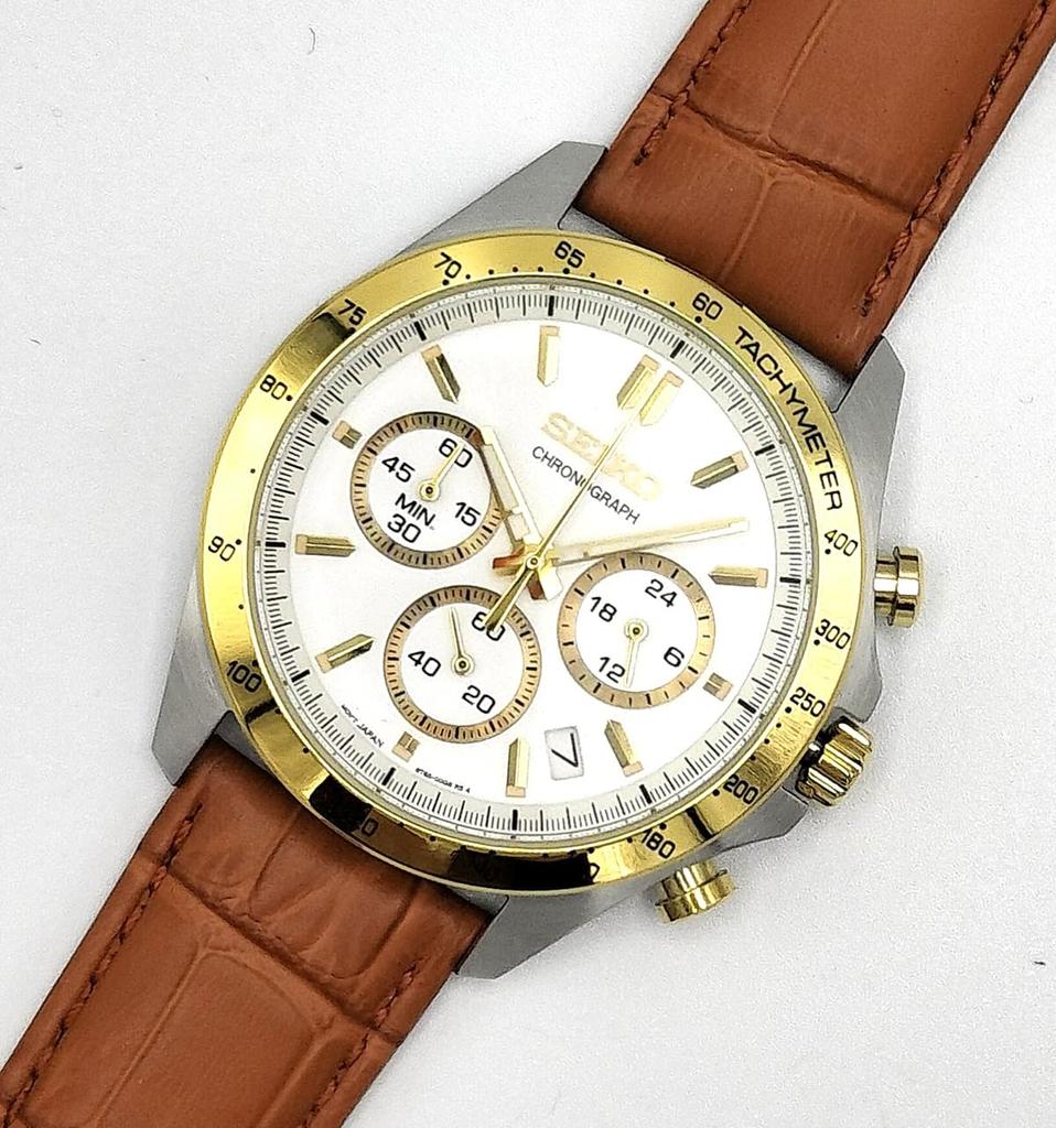 Seiko Chronograph Genuine Leather Strap Men's Watch, Set, White, SBTR024/LB