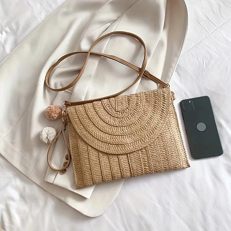 Плетеная пляжная сумка ручной работы через плечо, кроссбоди, конверт, летняя, маленькая, с помпоном
