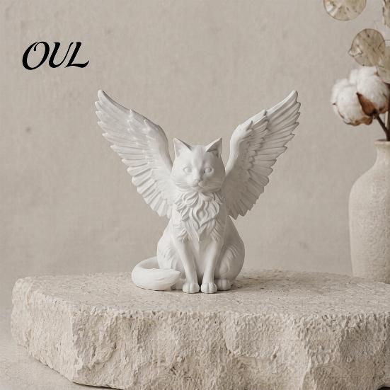 Healing Home Decor Angel Cat Desk Ornament, Matte White 3D Printing Figurine, Minimalist Unique Lover Gifts Winged Sculpture for Office Shelf