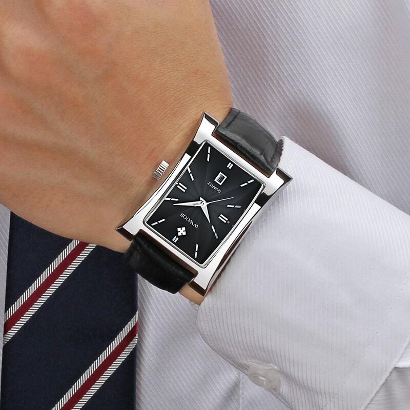 WWOOR Classic Fashion Mens Rectangle Watches Male Gold Brown Leather Quartz Waterproof Wrist Watch