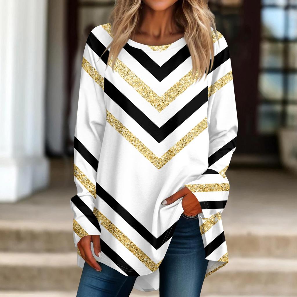 Women's Casual  Plus Size Long Sleeved Round Neck Printed T-shirt Top Pullover