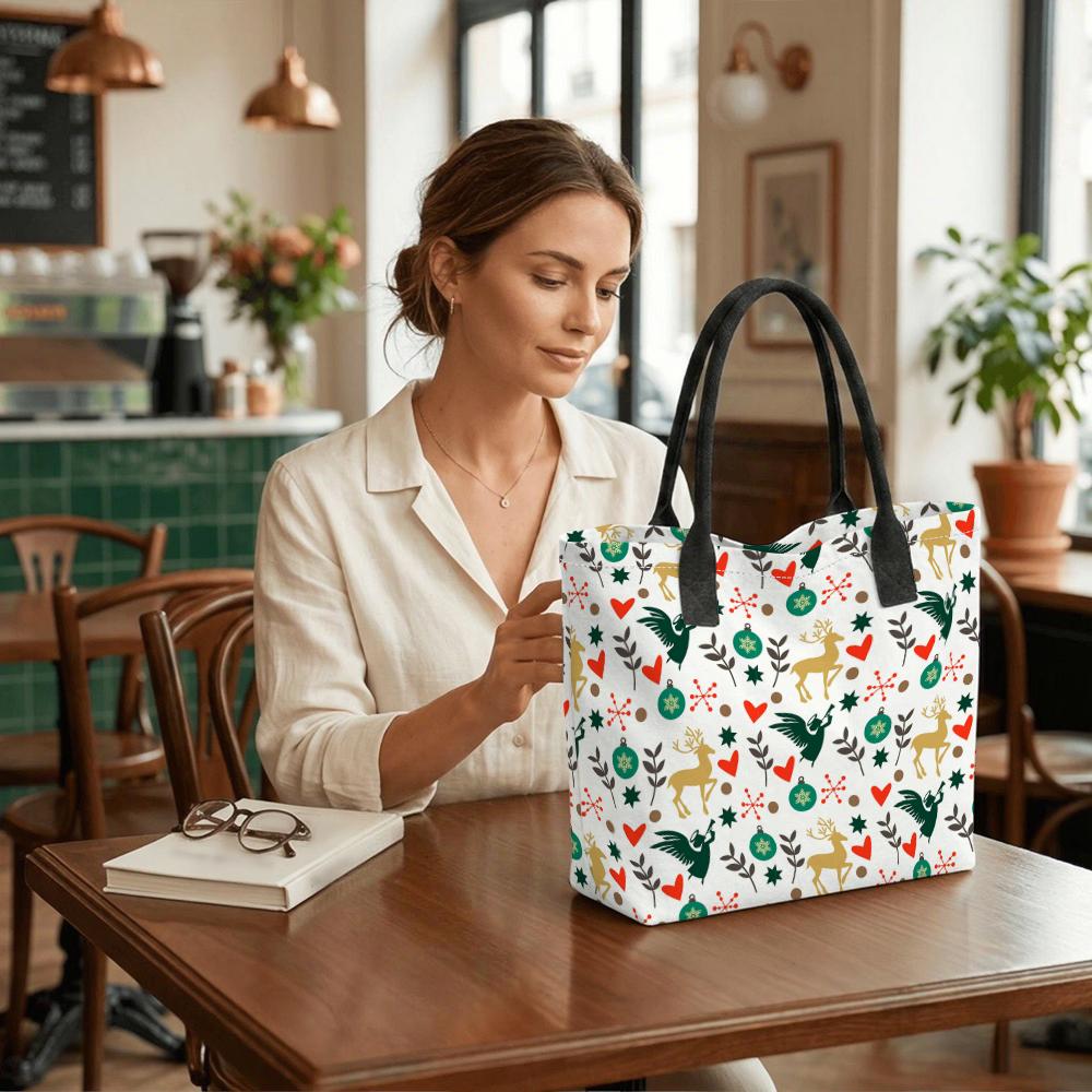 Christmas Pattern Canvas Tote Bag Fashion Casual Large Capacity Handbag for Daily Use