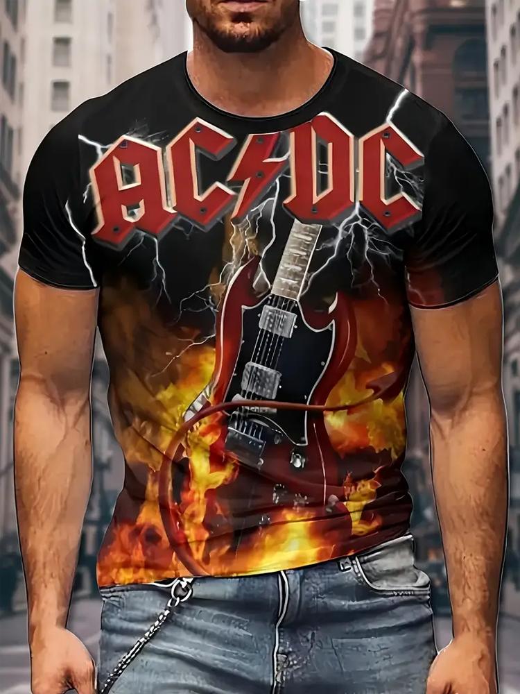 Мужская футболка с принтом AC/DC 3D, 100% полиэстер, круглый вырез, повседневная трикотажная ткань, летний модный топ с принтом