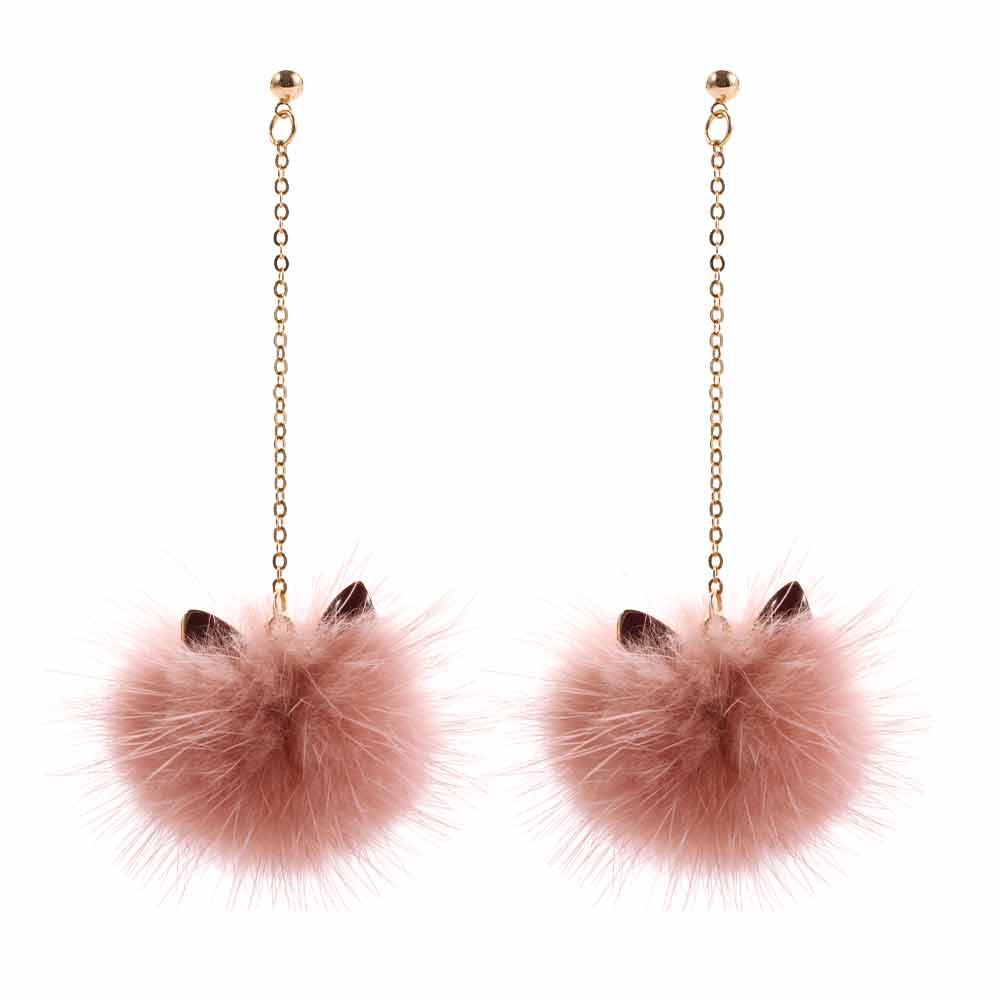 Statement Mink Fur Ball Plush Korean Brincos Fashion Jewelry Long Drop Earrings Dangle Earrings