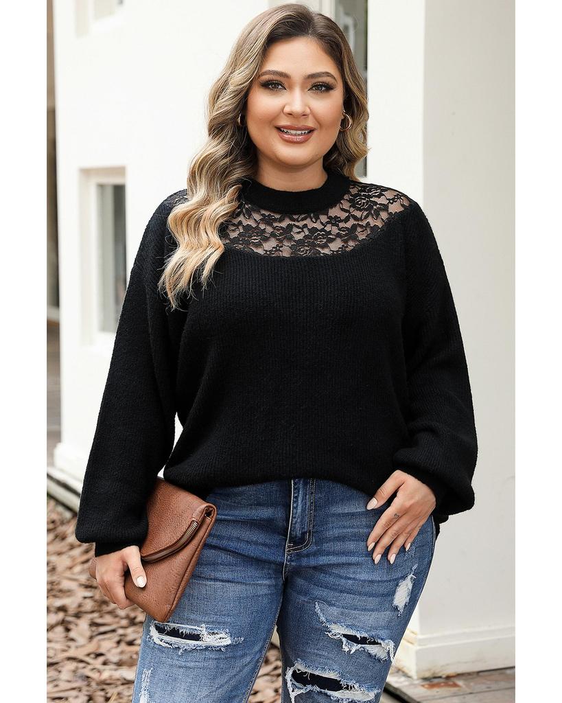 Azura Exchange Black Plus Size Ribbed Knit Lace Splicing High Neck Sweater