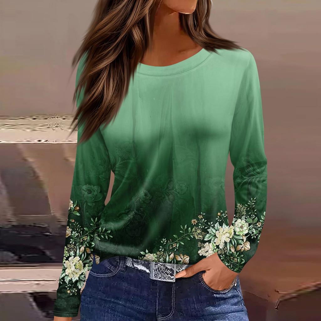 Женская модная повседневная свободная футболка с принтом и круглым вырезом с разрезом и длинным рукавом, женский топ