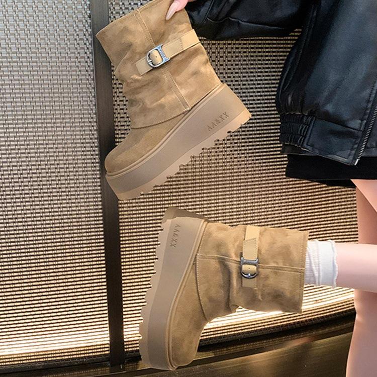 Мода 2025 Зимние Женские Теплые Снежные Ботинки из Короткого Плюша Повседневная Обувь Новые Замшевые Меховые Ботильоны Челси На Плоской Подошве Платформа Женская Обувь Ботас