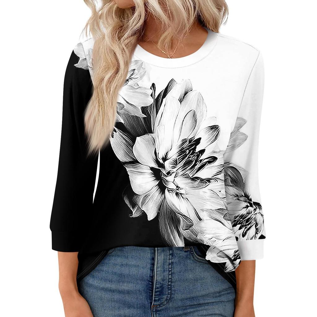 Женская модная повседневная свободная футболка с круглым вырезом и рукавами 3/4 с принтом, женский топ